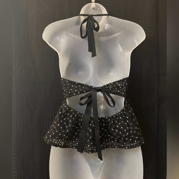 Black halter top dress with floral embroidery & gold shimmer - Picture 2 of 2